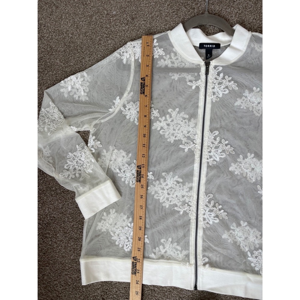 Torrid Size 0 Large Ivory Lace Mesh Embroidered Bomber Jacket Long Sleeve Zip - Picture 10 of 11